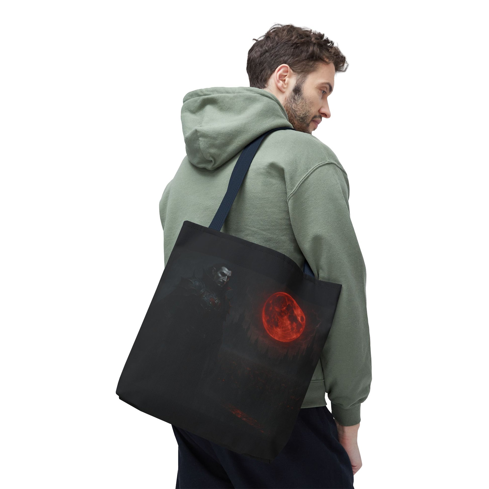 Gothic Dracula tote bag with moonlit vampire art, perfect for Halloween, by Printify, featuring spooky vampire design on black canvas.