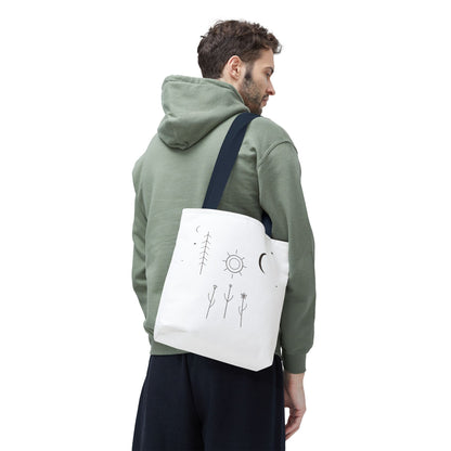 Minimal Moon and Sun botanical tote bag featuring celestial line art, designed by Printify, with a natural fabric finish.