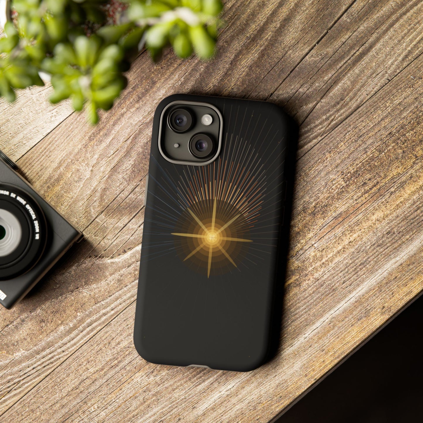 Tough Cases - Radiant Star Phone Case, Protective Black Shockproof Cover with Golden Light Design