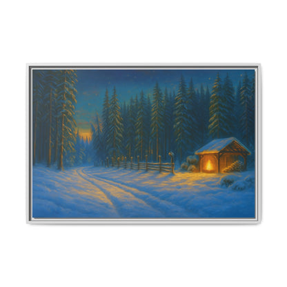 Cozy winter cabin matte framed canvas wall art featuring a snowy forest evening scene, perfect for winter home decor.