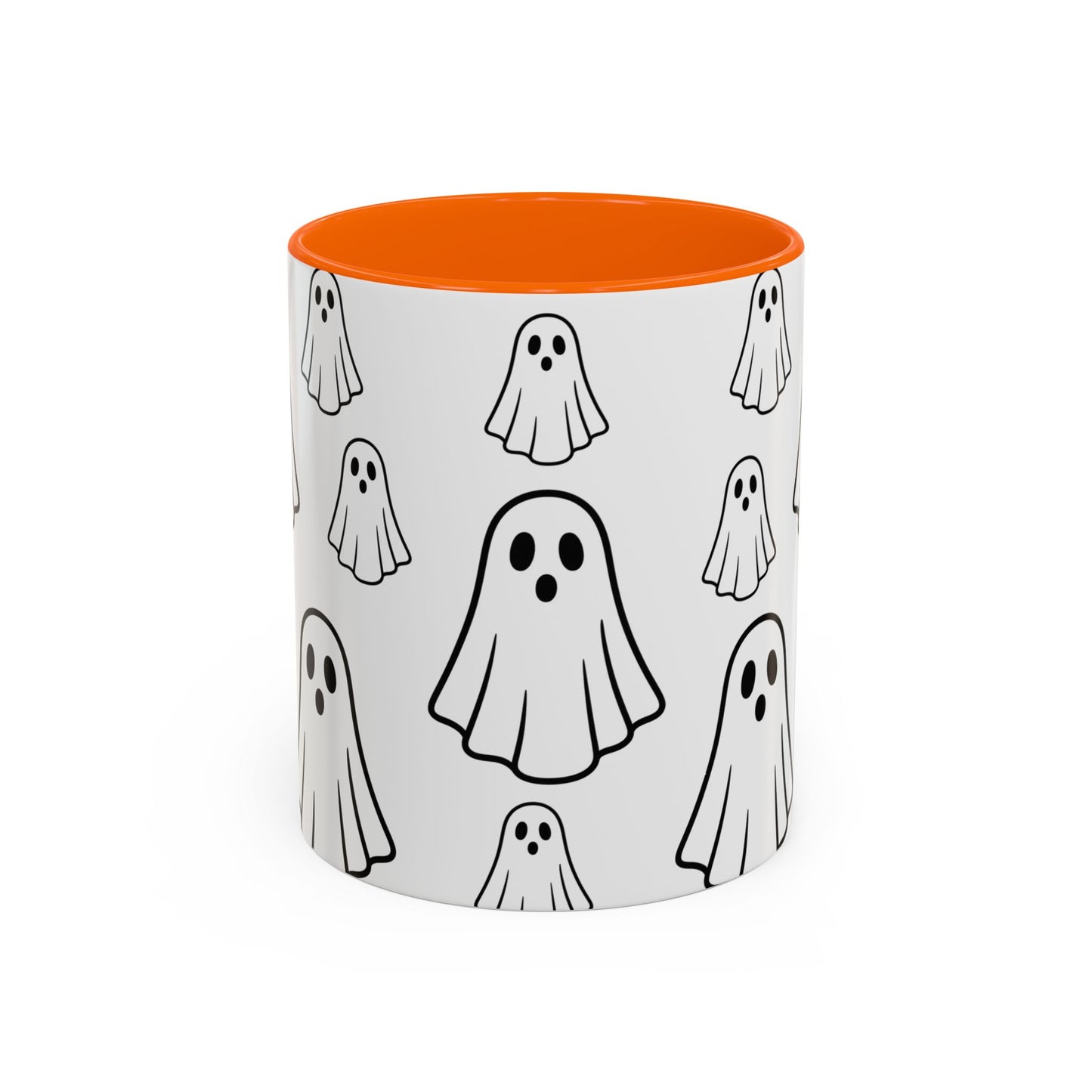 Printify ghost pattern accent coffee mug with Halloween-themed ceramic design, available in 11oz or 15oz sizes.