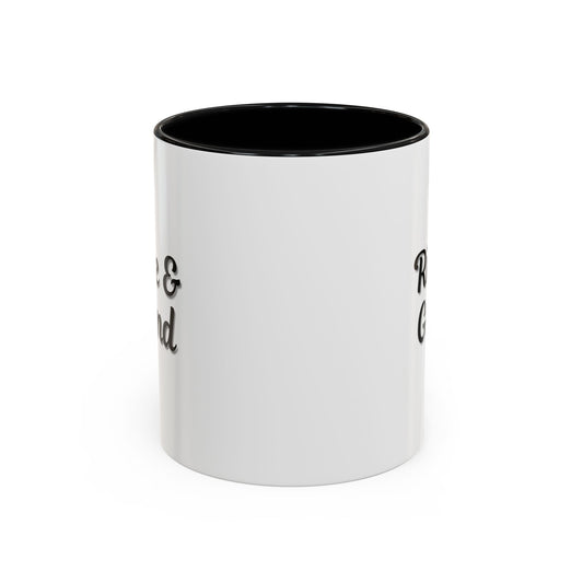 Black "Rise & Grind" coffee mug with white lettering, Printify brand, featuring a sturdy ceramic design for coffee lovers.