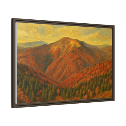 Autumn mountain matte canvas framed wall art by Printify featuring a scenic mountain landscape in warm tones.