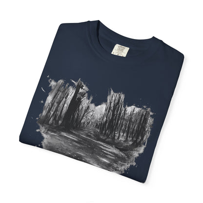 Artistic Forest Scene T-shirt | Nature Lover Gift, Outdoor Adventure Tee, Eco-Friendly Fashion, Vintage Inspired Clothing, Unisex Gift - TRV
