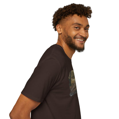 Vintage forest landscape T-shirt by Printify featuring nature pathway design on a casual cotton tee.