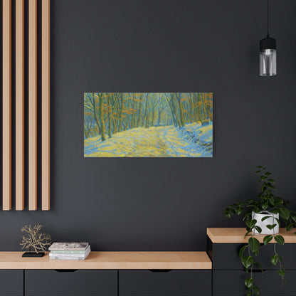 Winter landscape canvas wall art by Printify featuring a cozy nature scene, perfect for living room decor.