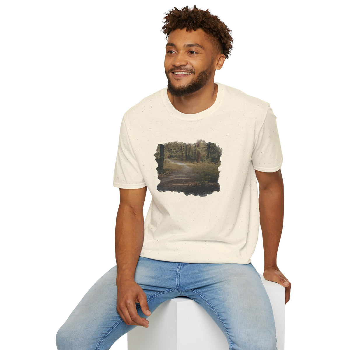 Vintage forest landscape T-shirt by Printify featuring a nature pathway design on a comfortable cotton tee.