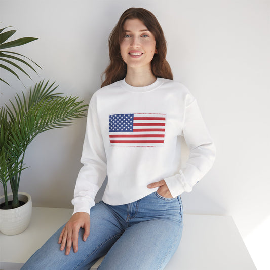 American flag crewneck sweatshirt by Printify, featuring patriotic design perfect for men or women.