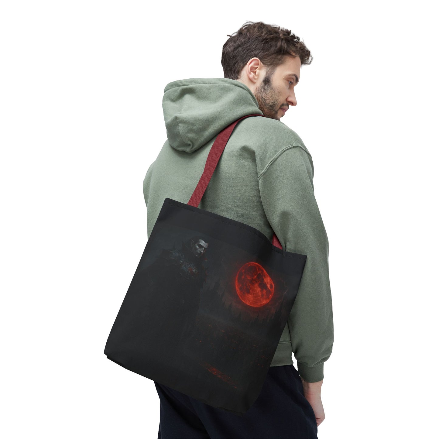 Gothic Dracula tote bag featuring moonlit vampire art, perfect Halloween gift, by Printify, with dark, spooky design on fabric.