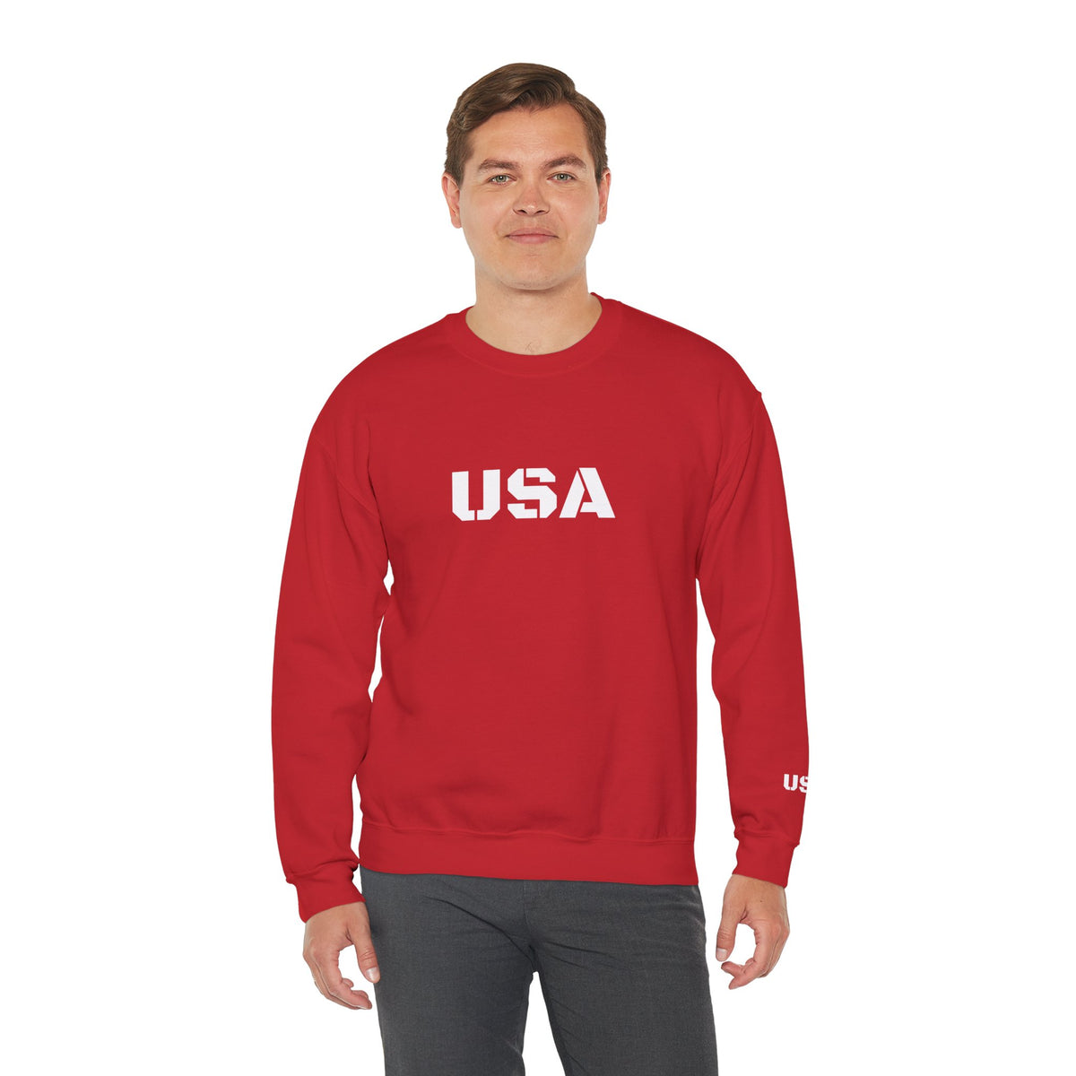 American flag printed crewneck sweatshirt by Printify, cozy and patriotic, suitable for all seasons, casual wear.