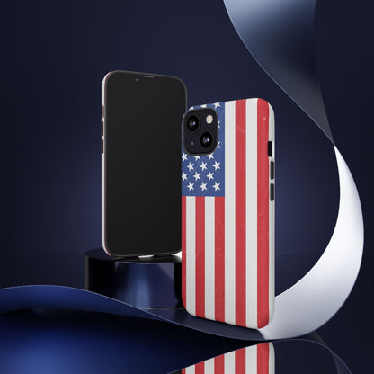 American flag tough phone case by Printify, patriotic protective cover for iPhone and Samsung smartphones.