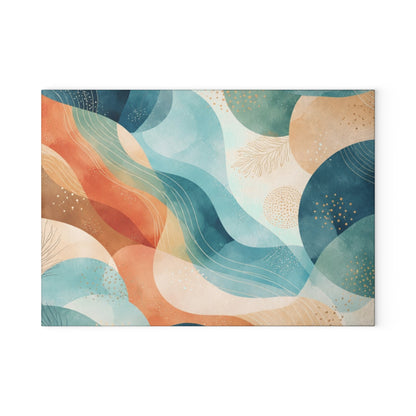 Abstract Ocean Waves Glass Cutting Board — Coastal Blue & Coral Decorative Chopping Board