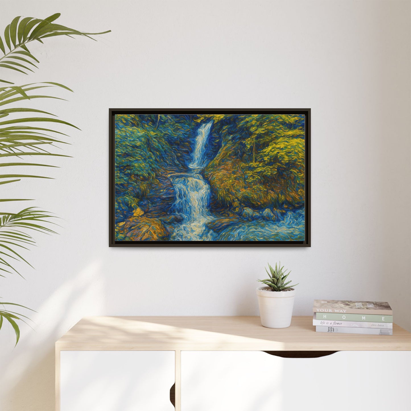 Framed matte canvas print of impressionist waterfall wall art by Printify, showcasing vibrant colors and textured brushstrokes.
