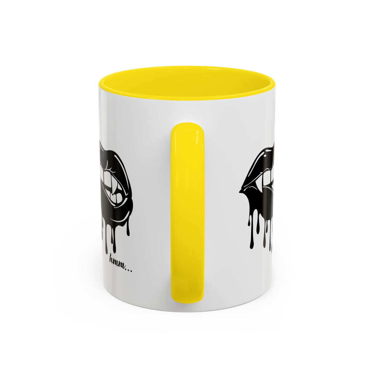 Black accent Dripping Bite coffee mug by Printify, 11oz or 15oz, featuring a dripping bite design on a ceramic mug.
