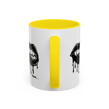 Black accent Dripping Bite coffee mug by Printify, 11oz or 15oz, featuring a dripping bite design on a ceramic mug.