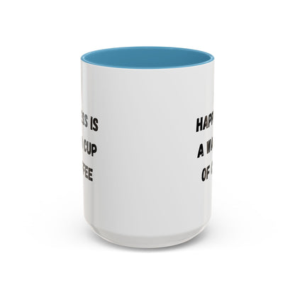 White ceramic coffee mug with "Happiness Is A Warm Cup Of Coffee" printed in black text, featuring a simple, clean design.