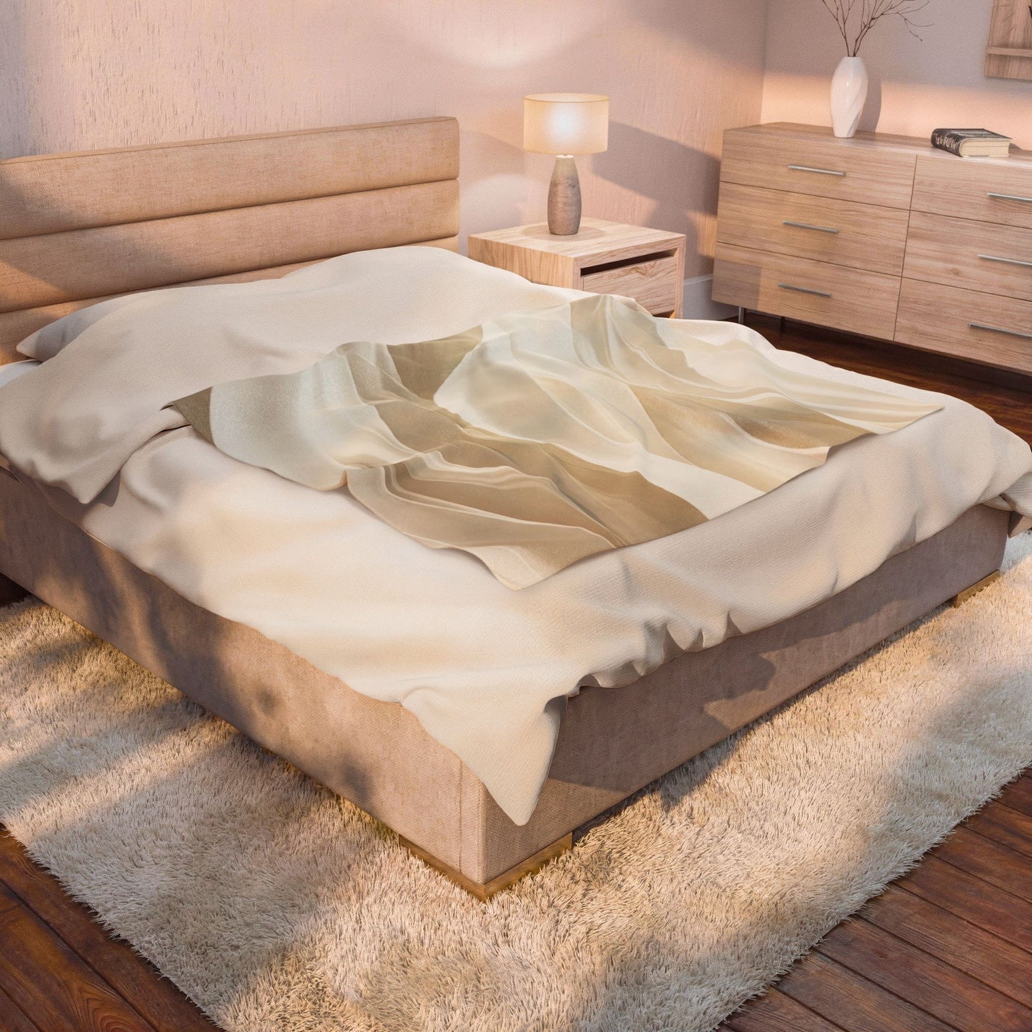 Neutral Abstract Waves Velveteen Plush Blanket | Beige Swirl Pattern