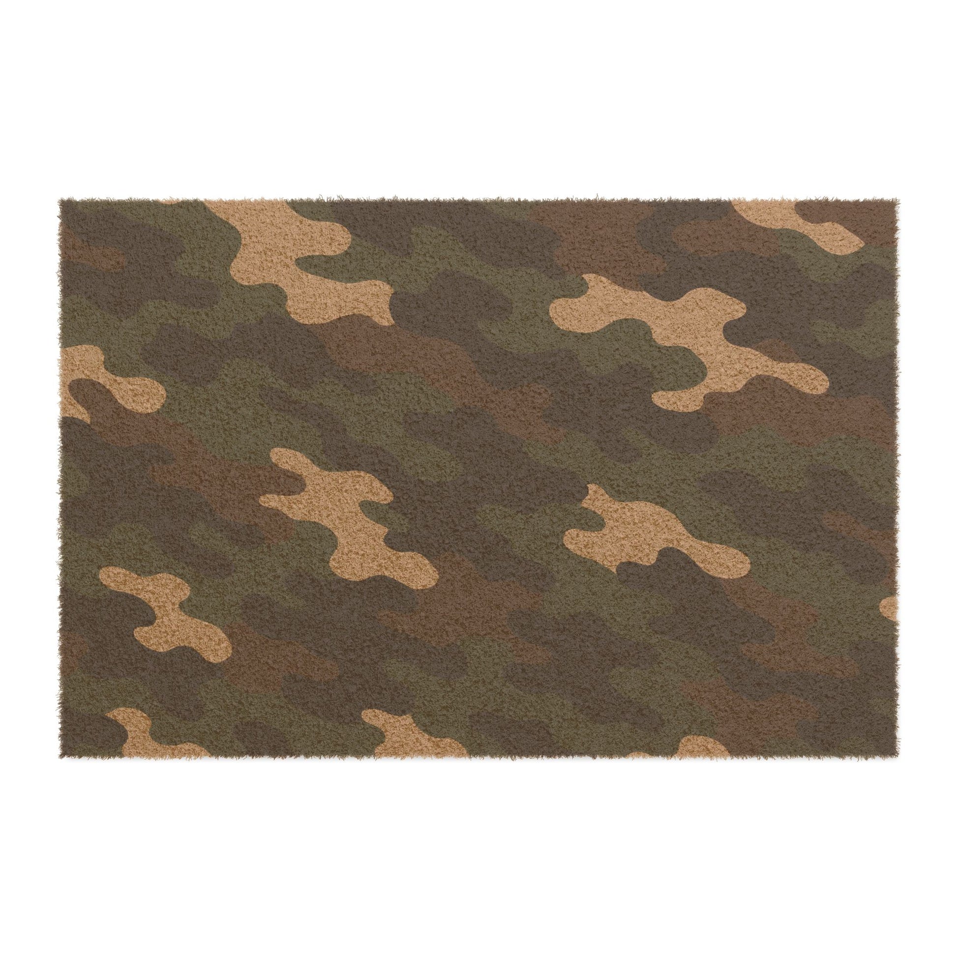 Rustic military-style camo doormat with "Welcome" message, ideal for veterans and military-themed home decor.