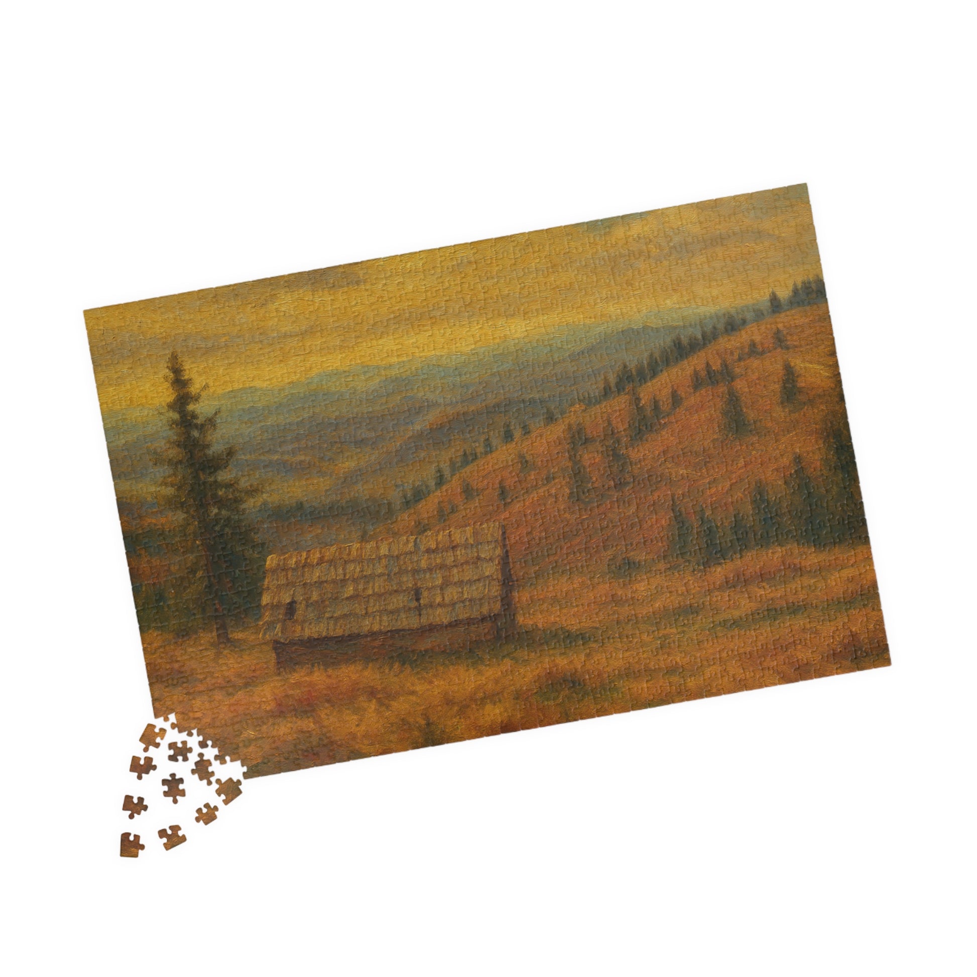 520-piece autumn mountain cabin landscape puzzle by Printify, showing a scenic mountain view with a cozy cabin and colorful trees.
