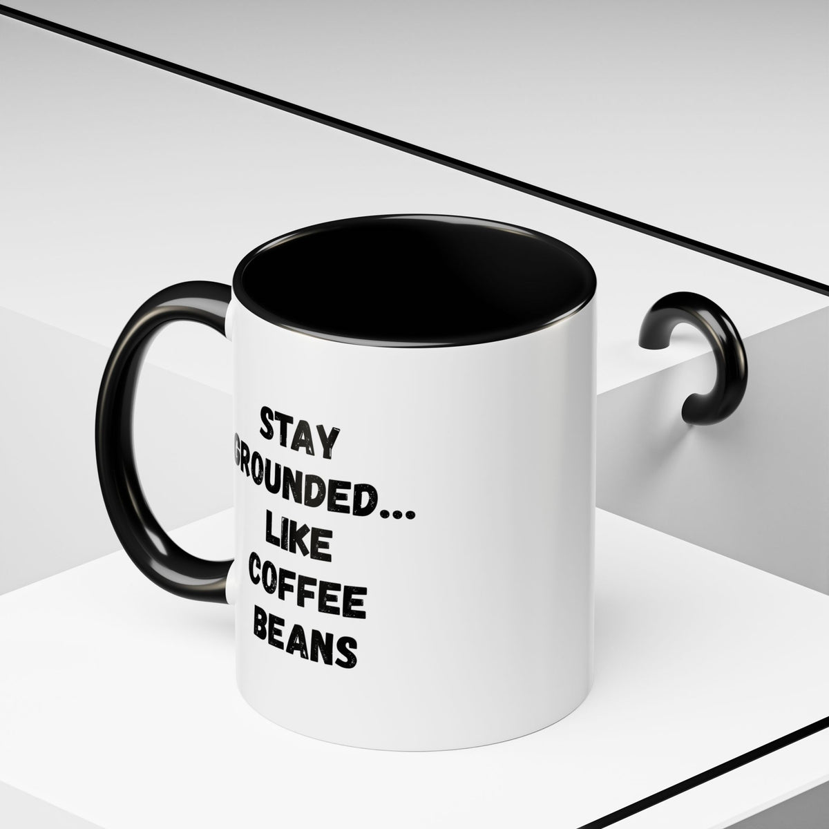 Stay Grounded coffee mug by Printify featuring a humorous coffee beans design, perfect for coffee lovers, 11oz or 15oz size.