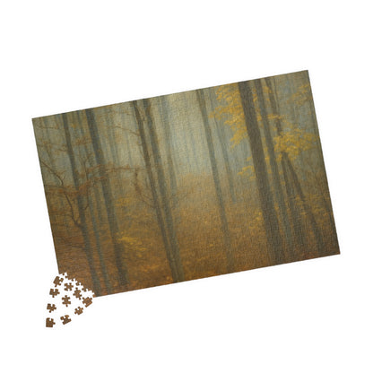 Printify Misty Forest Trees puzzle with 110 and 1014 pieces, featuring a serene forest scene with misty trees and lush greenery.