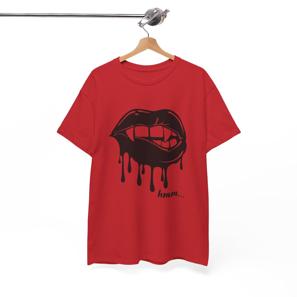 Graphic T-shirt by Printify featuring dripping lips with "hmm..." bite design in bold black and red print.
