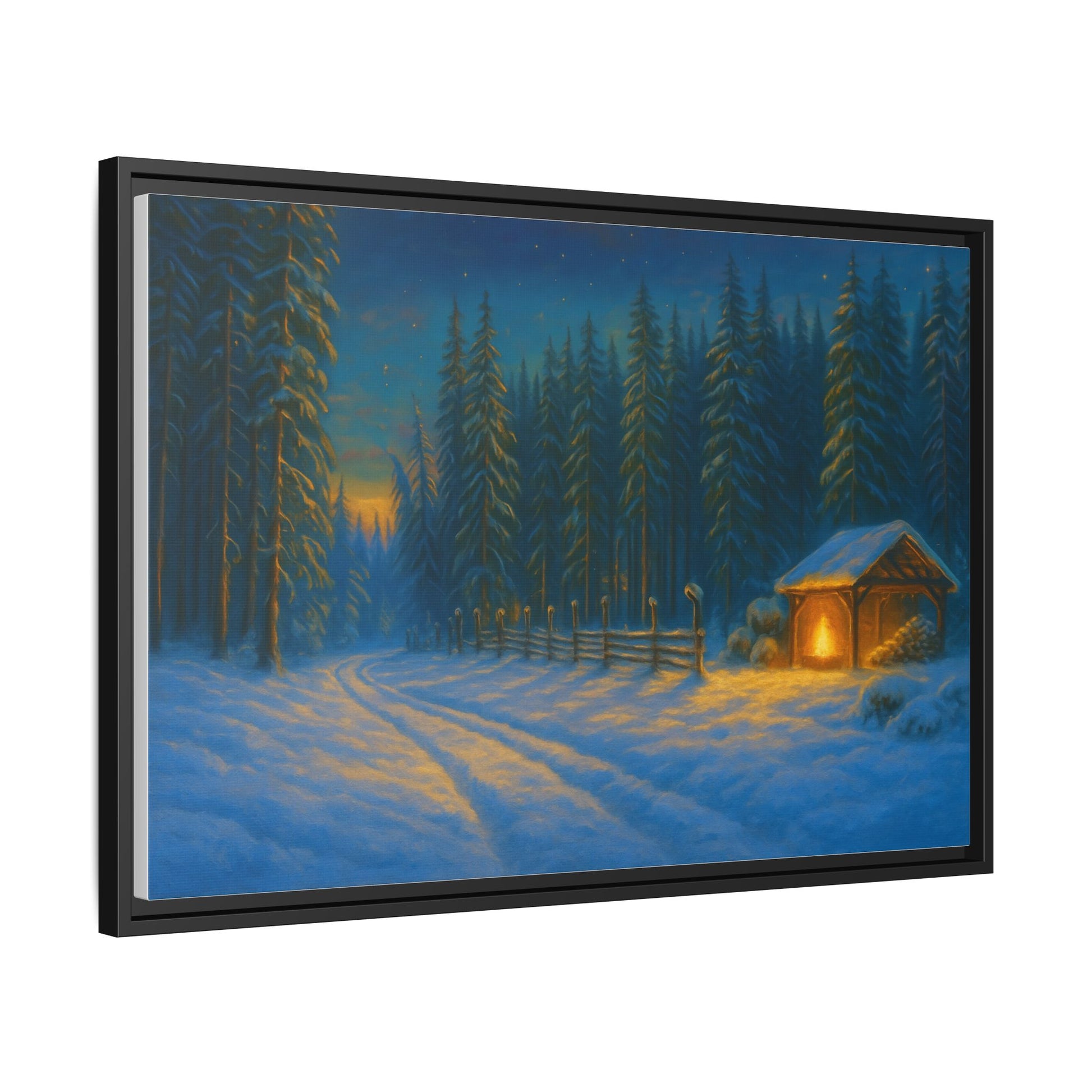 Cozy winter cabin canvas wall art by Printify featuring a snowy forest evening scene in a matte framed print.