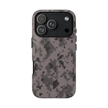 Gray digital camouflage phone case by Printify, tough protective cover for smartphones with a rugged camo design.