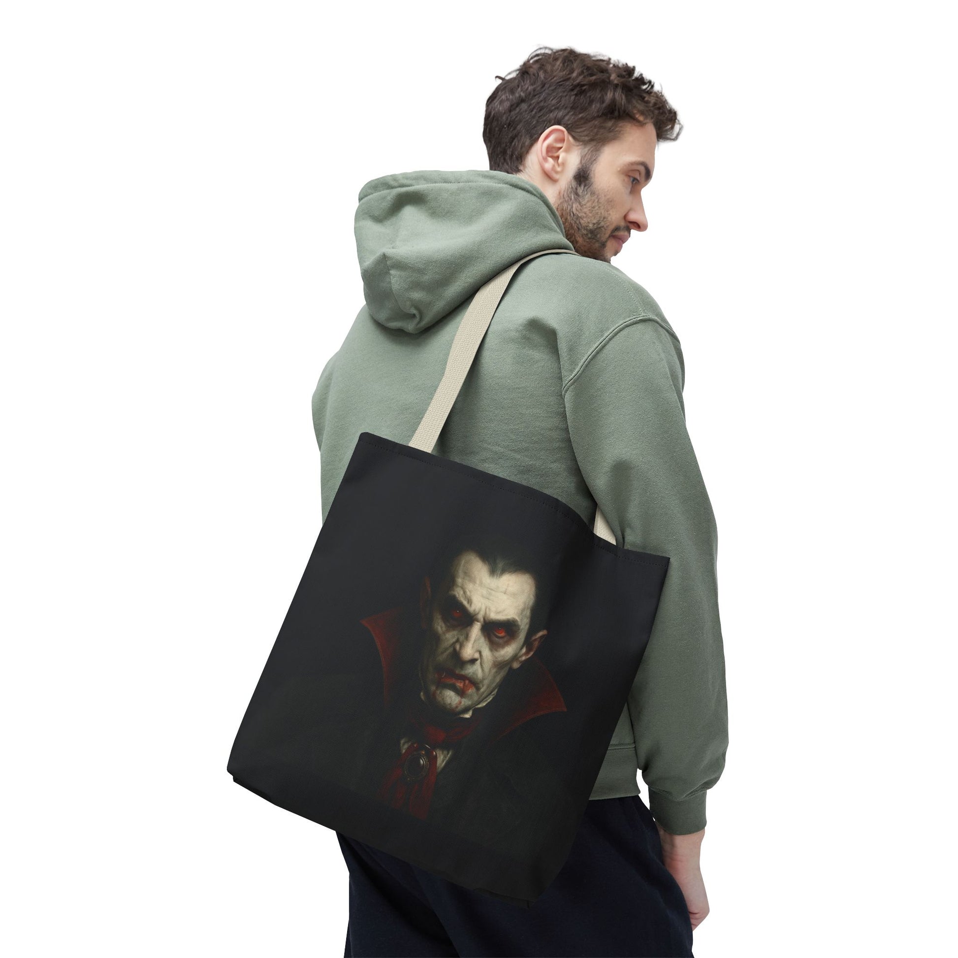 Spooky Gothic vampire tote bag by Printify featuring a dark, spooky design perfect for Halloween accessories.