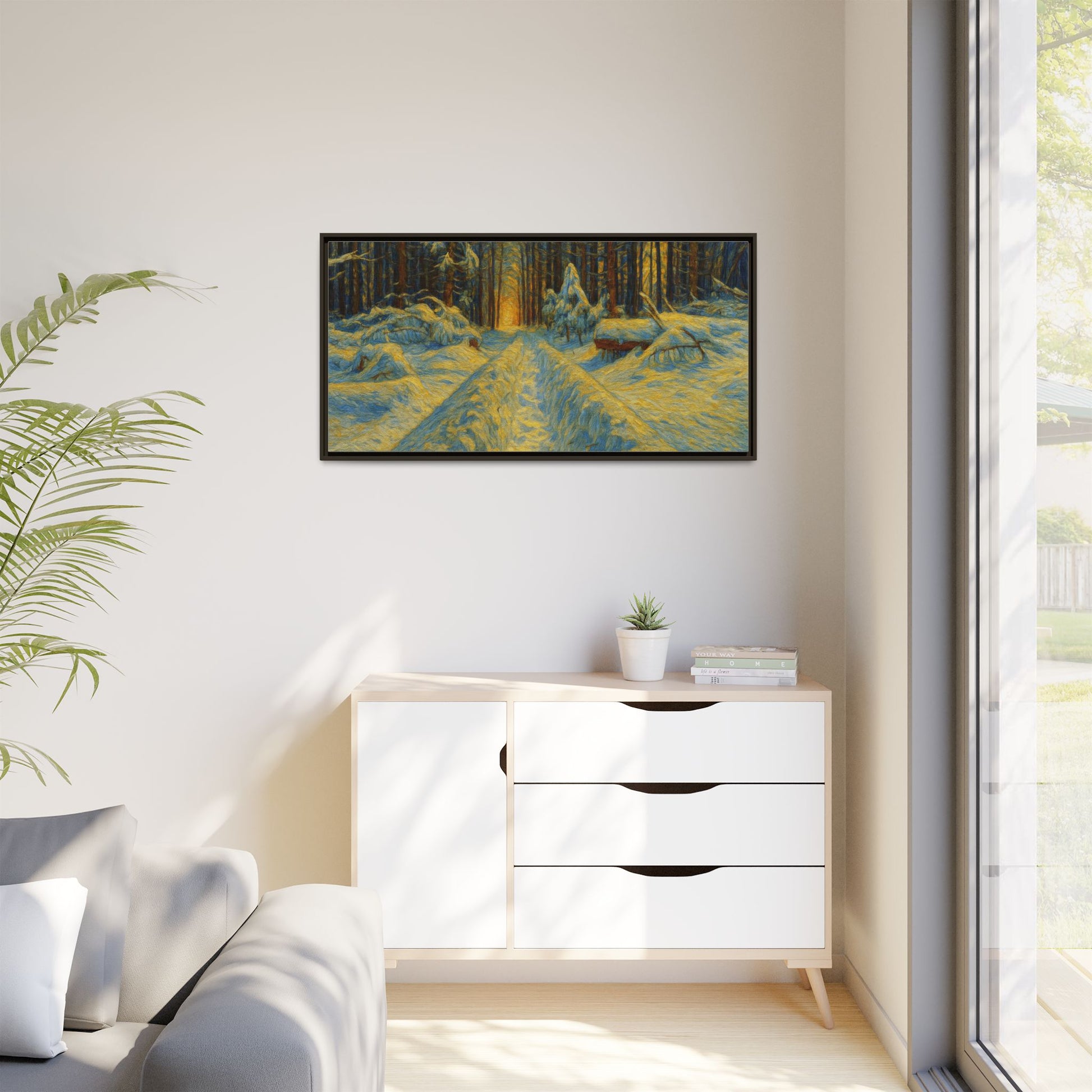 Framed matte canvas print of a snowy forest path at sunset, wall art by Printify with natural winter landscape scene.