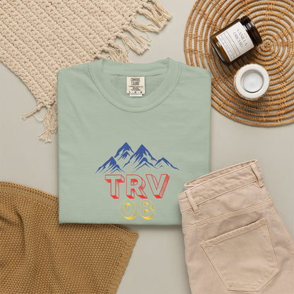 Unisex Printify TRV08 Logo T-shirt in garment-dyed fabric, featuring a minimalist logo print on soft, comfortable cotton material.