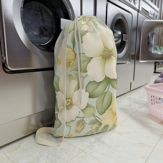 Vintage yellow floral canvas laundry bag with drawstring closure, ideal for laundry storage and travel.
