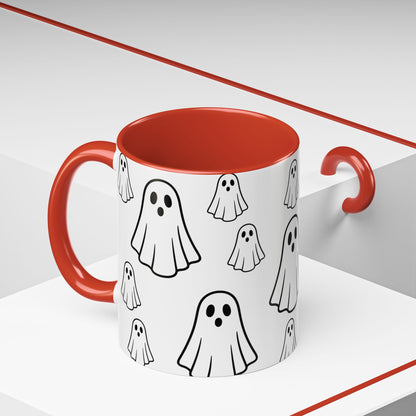 Printify ghost pattern ceramic coffee mug with Halloween-themed design, 11oz or 15oz size, perfect for festive coffee or tea.