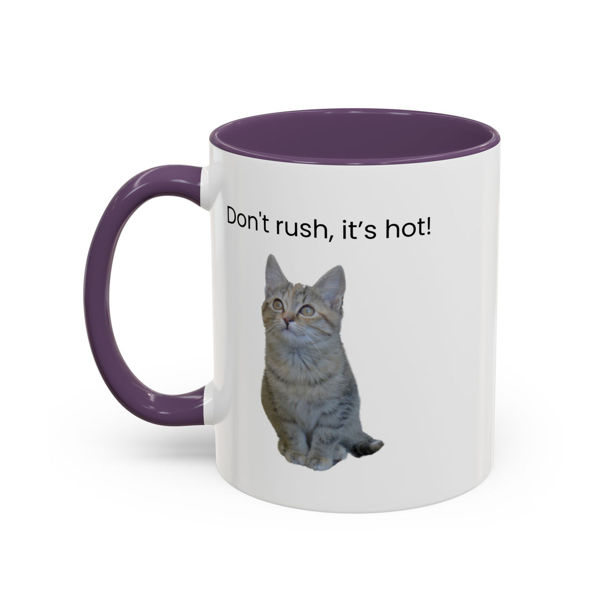 Ceramic cat coffee mug with "Don't rush, it's hot!" quote, 11 oz, white with black handle, perfect for hot beverages.