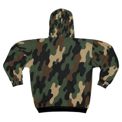 Military green camo zip hoodie with all-over print, men's and women's hoodie featuring a camouflage design from Printify.