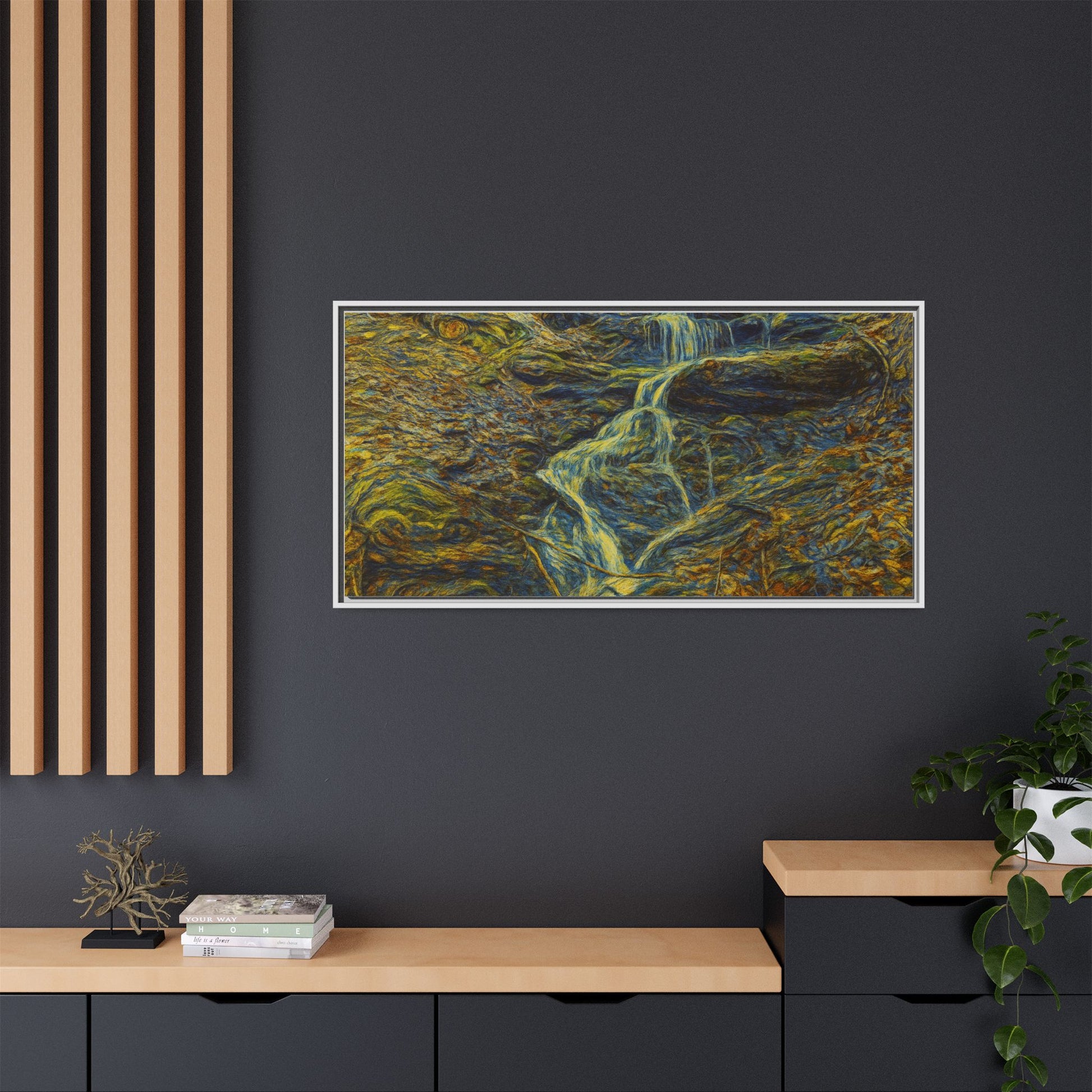Framed matte canvas wall art of an autumn forest waterfall, designed by Printify, featuring vibrant fall colors and natural landscape.
