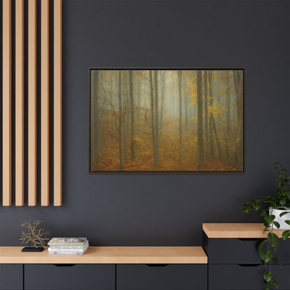Framed matte canvas wall art of a misty autumn forest featuring trees and fall colors, by Printify.