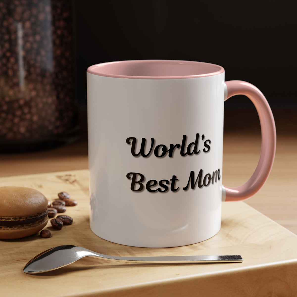 Black-Trim ceramic mug with "World's Best Mom" message from Printify, perfect for Mother's Day gift.