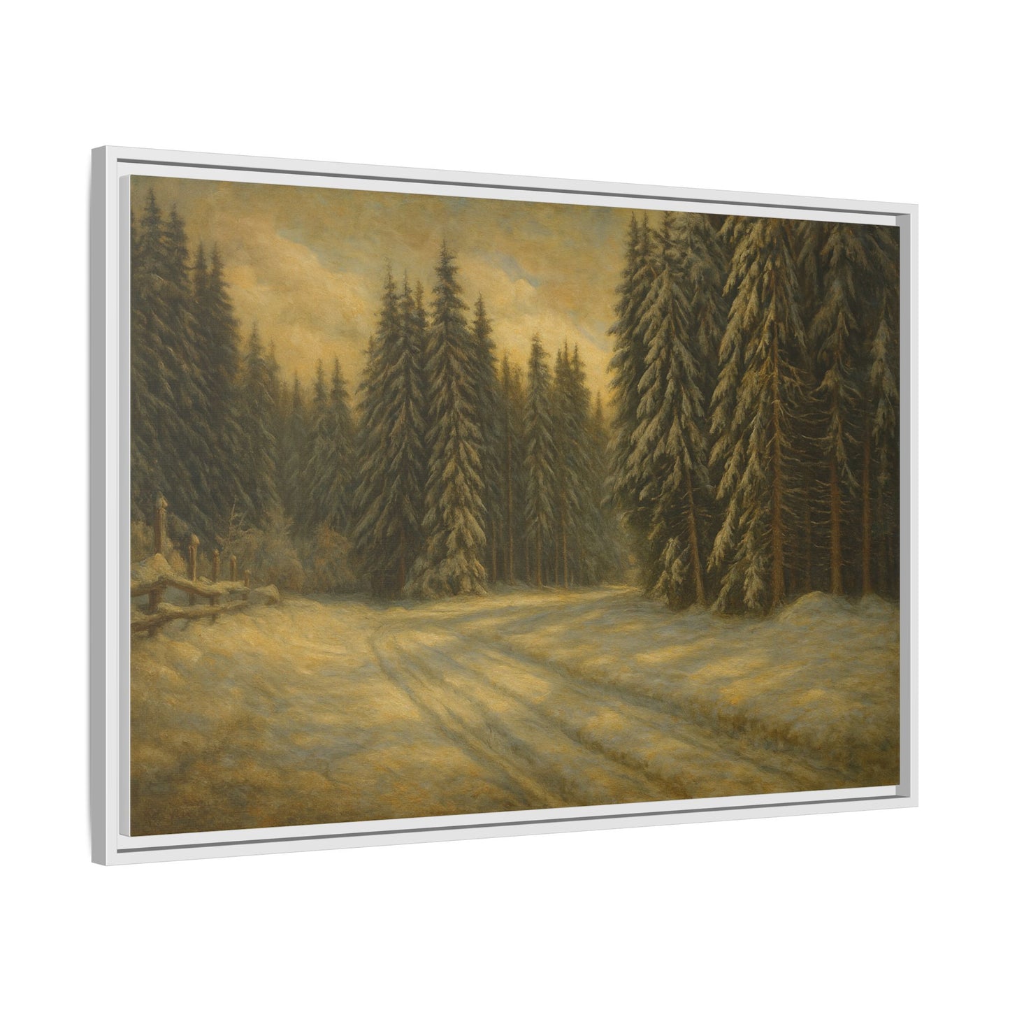 Framed matte canvas wall art featuring a winter forest landscape with trees and snow, by Printify.
