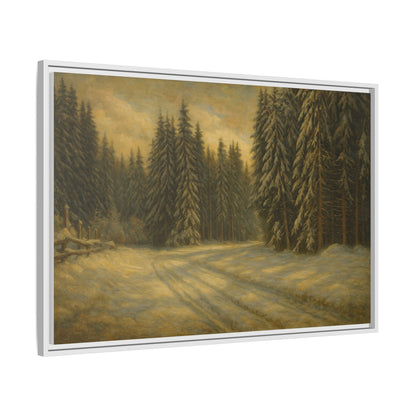 Framed matte canvas wall art featuring a winter forest landscape with trees and snow, by Printify.