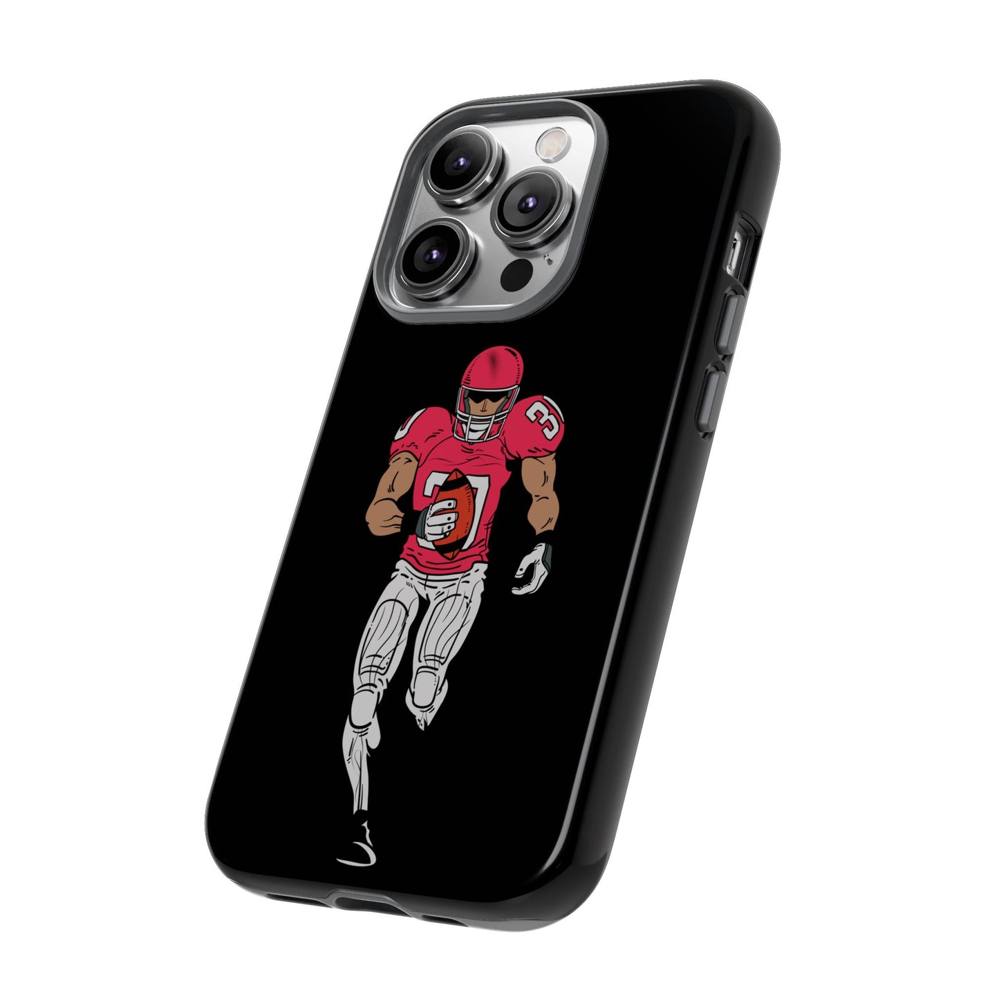 Black football player tough phone case for iPhone, offers durable protection with sports-themed design by Printify.