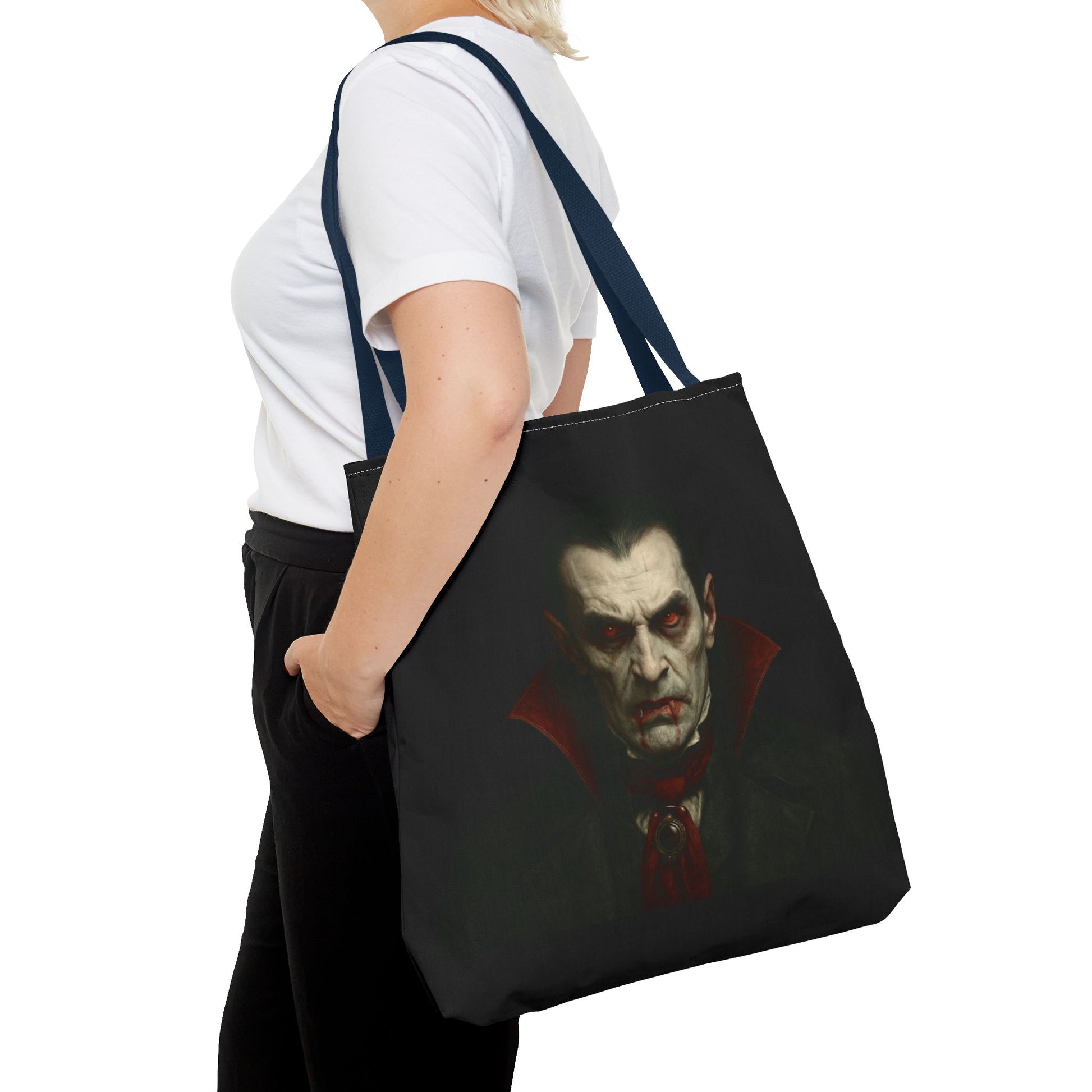 Black vampire tote bag featuring spooky gothic design, perfect for Halloween accessories, by Printify.