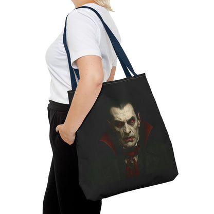 Black vampire tote bag featuring spooky gothic design, perfect for Halloween accessories, by Printify.