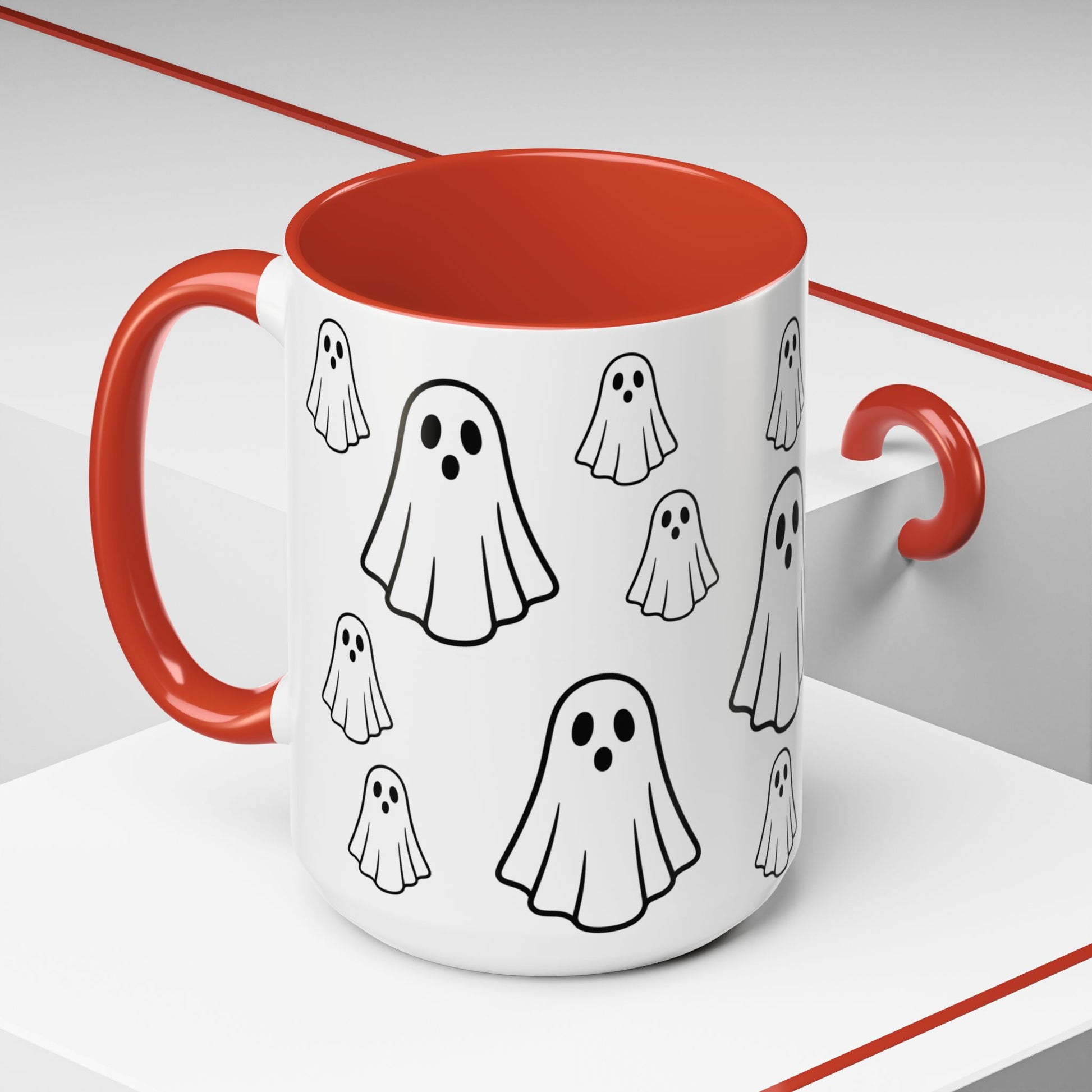 Printify ghost pattern ceramic coffee mug with cute Halloween design, available in 11oz and 15oz sizes.