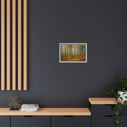 Framed autumn forest canvas print by Printify featuring a misty woodland scene, ideal as wall art for nature-inspired decor.