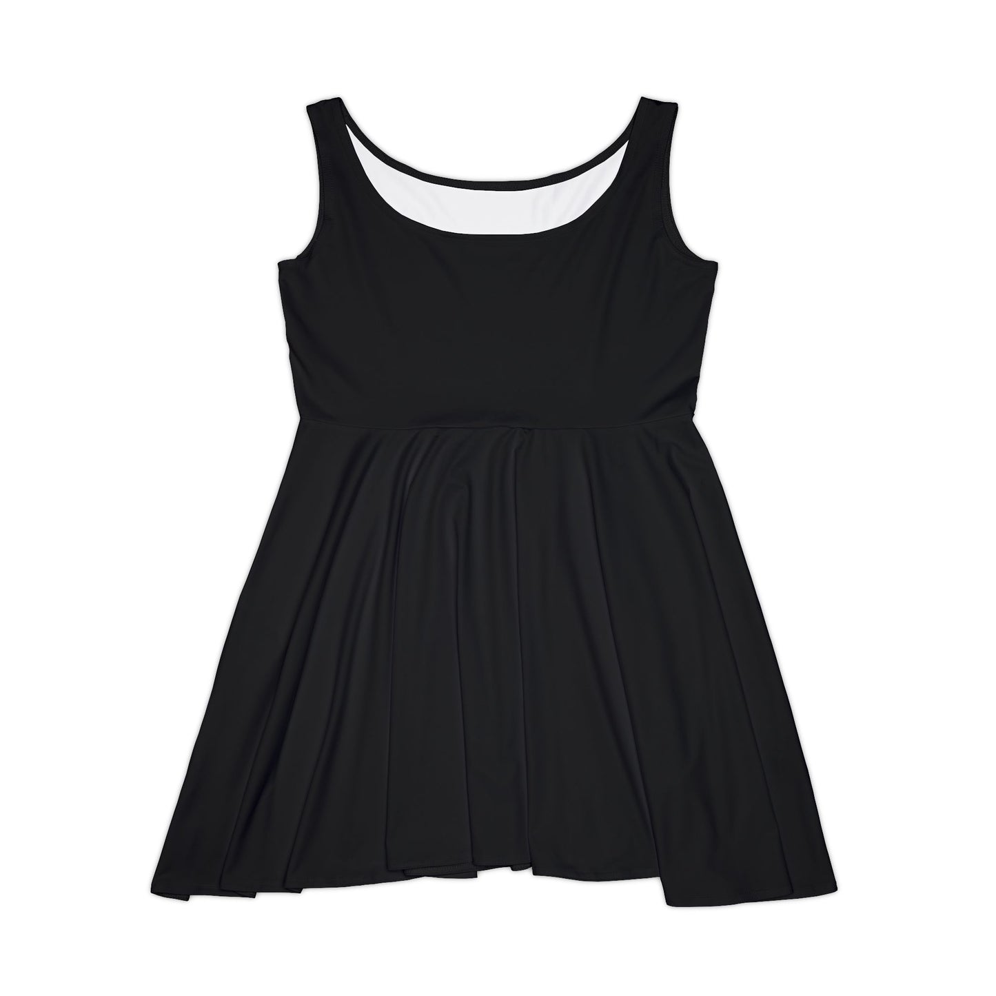 All-over print black women's skater dress with sleeveless A-line design, showcasing a stylish and versatile fashion piece.