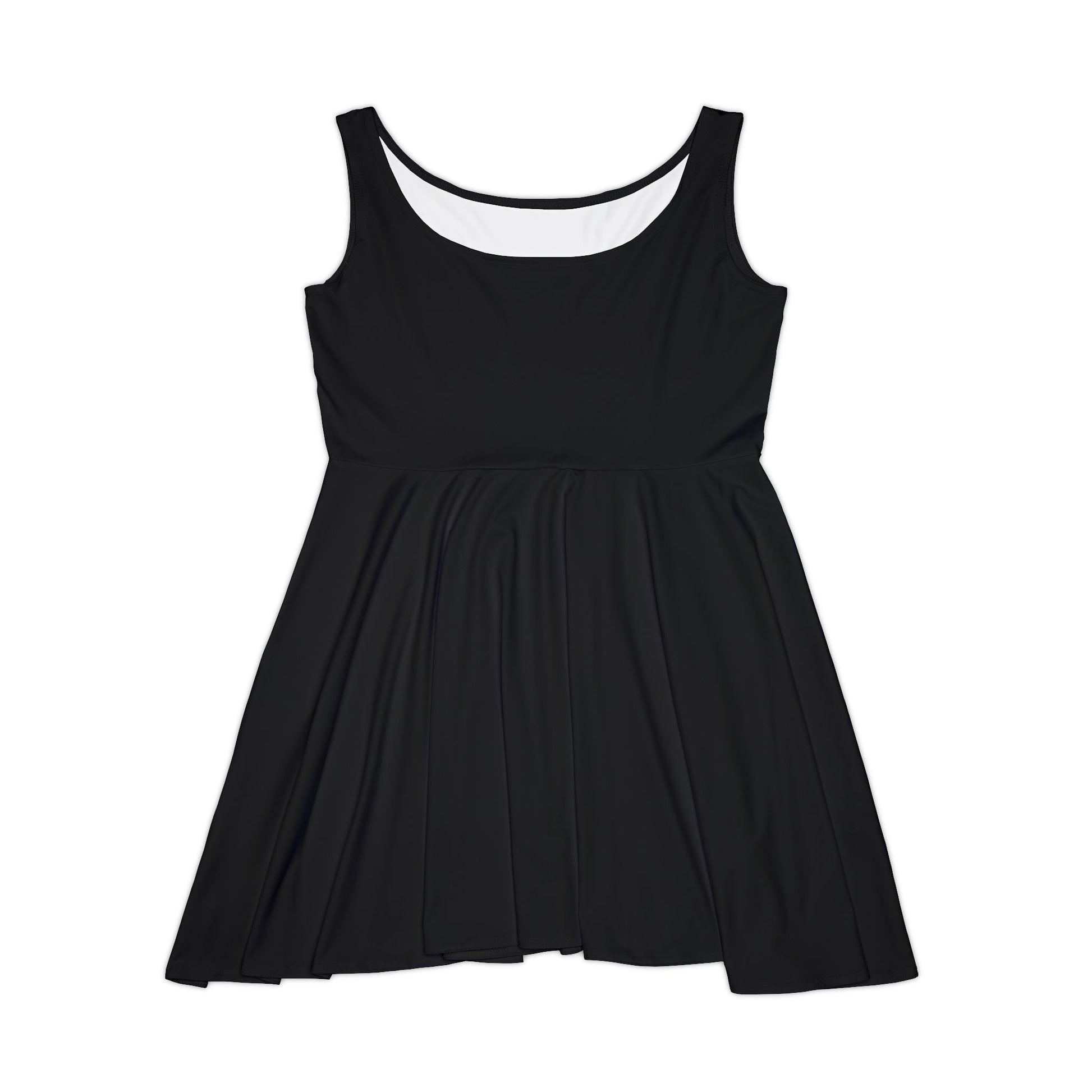 All-over print black women's skater dress with sleeveless A-line design, showcasing a stylish and versatile fashion piece.