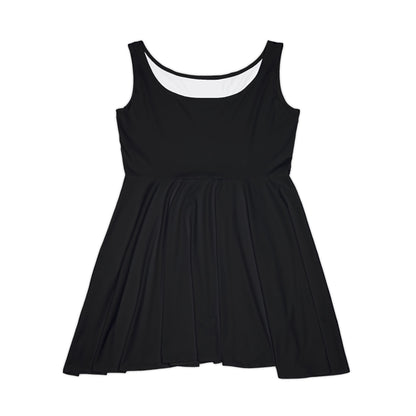 All-over print black women's skater dress with sleeveless A-line design, showcasing a stylish and versatile fashion piece.