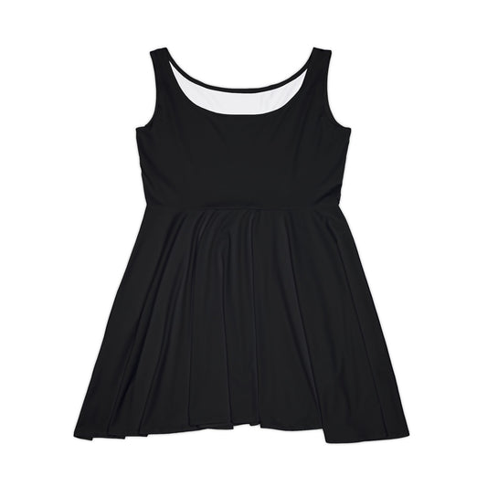 All-over print black women's skater dress with sleeveless A-line design, showcasing a stylish and versatile fashion piece.