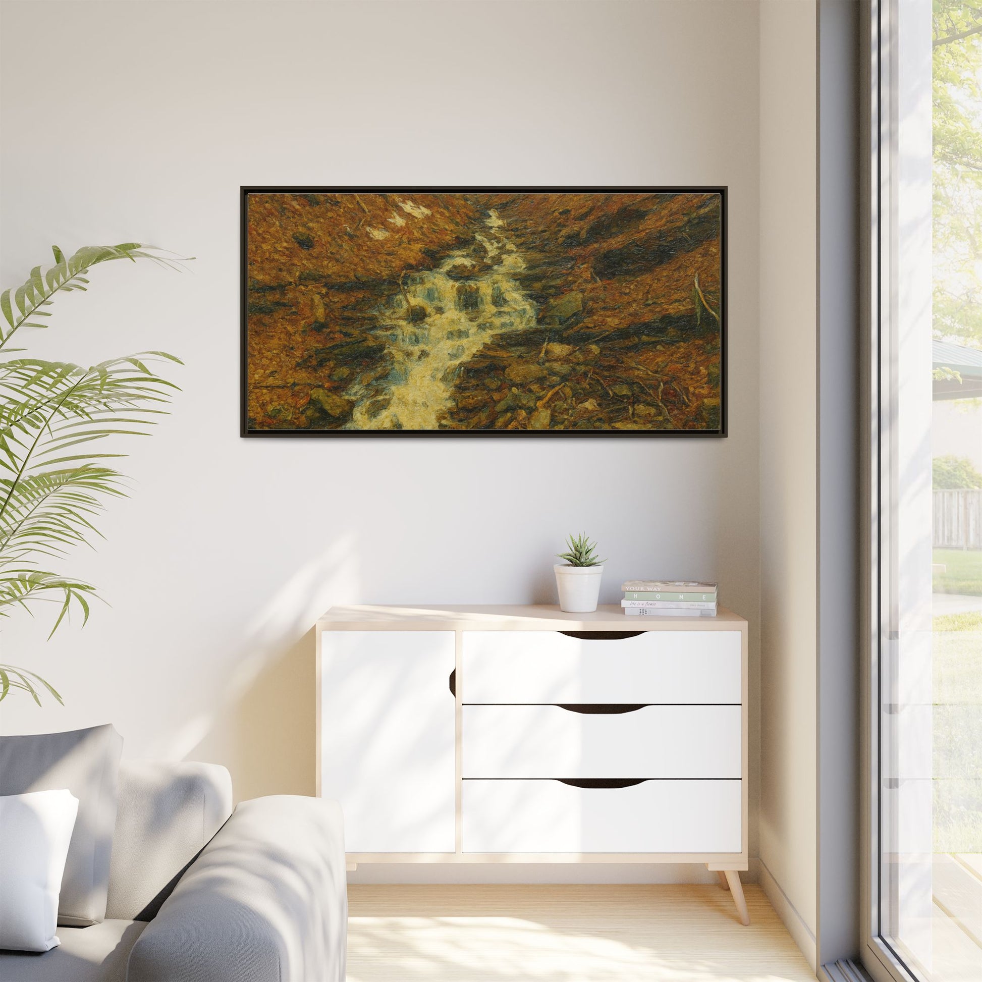 Framed matte canvas print of autumn stream landscape artwork by Printify, showcasing vibrant fall colors and serene nature scene.